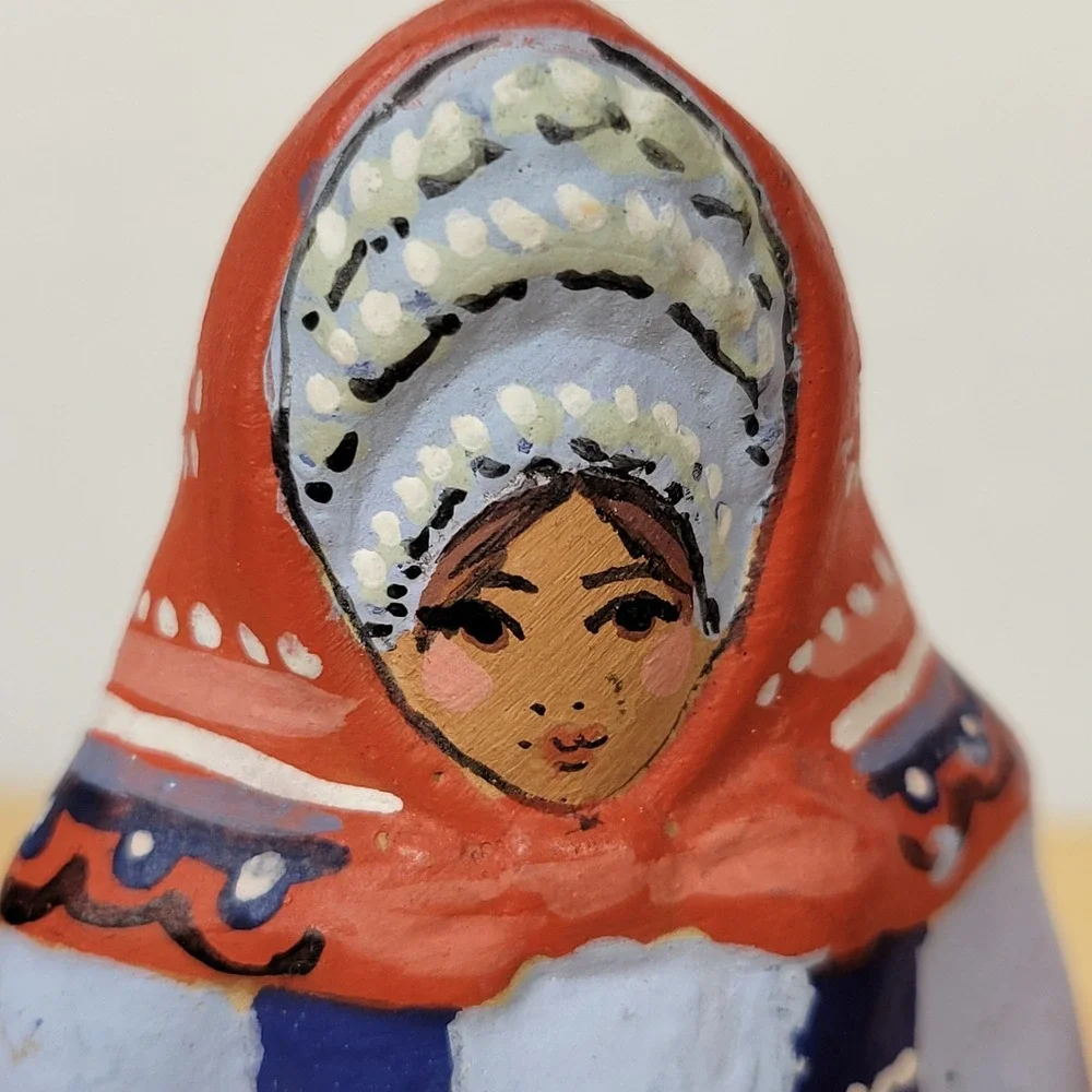 Vintage 90s Russian Pskov Clay Figurine Whistles Folk Art Hand Painted Couple